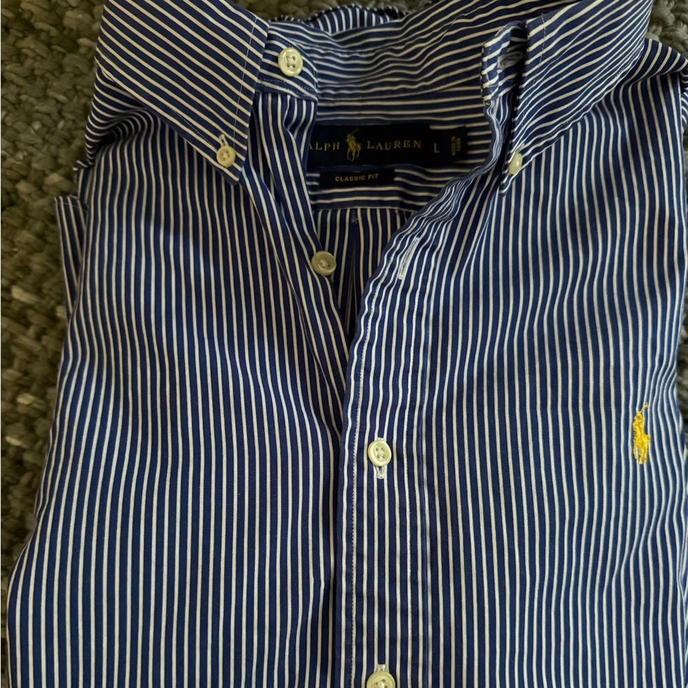 Ralph Lauren Navy and White Striped Button-Down Shirt